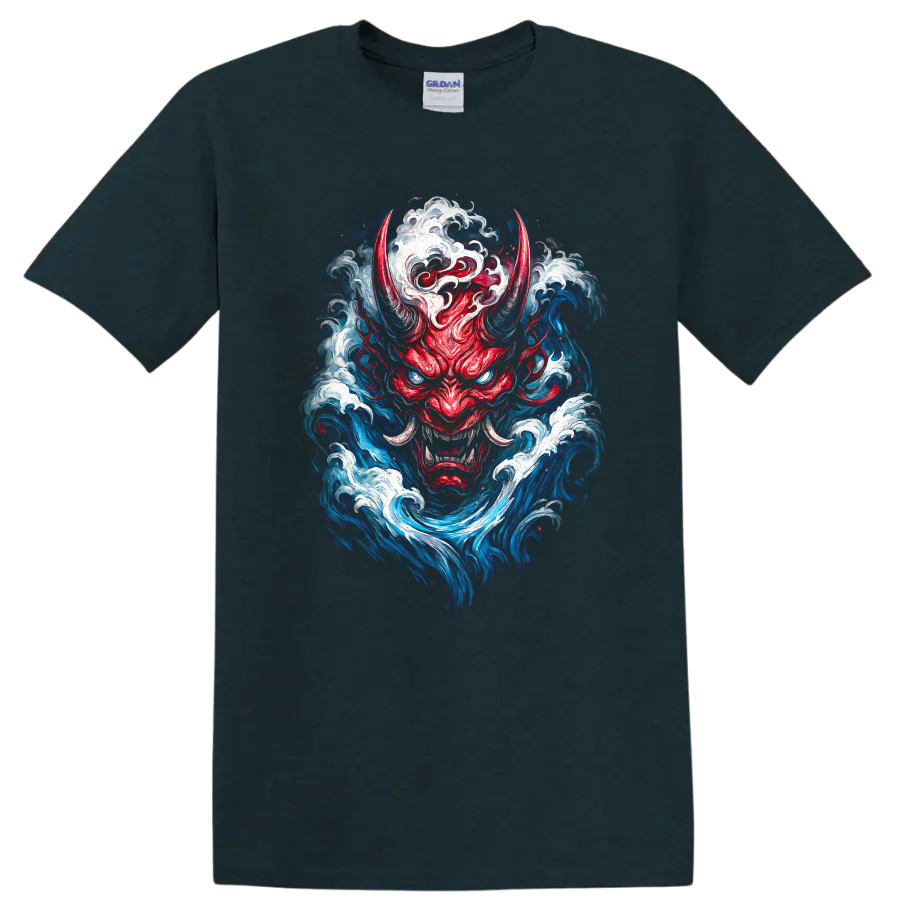 Japanese Oni Demon Mask Wave Art T Shirt For Streetwear Fans - Midnight (Green)