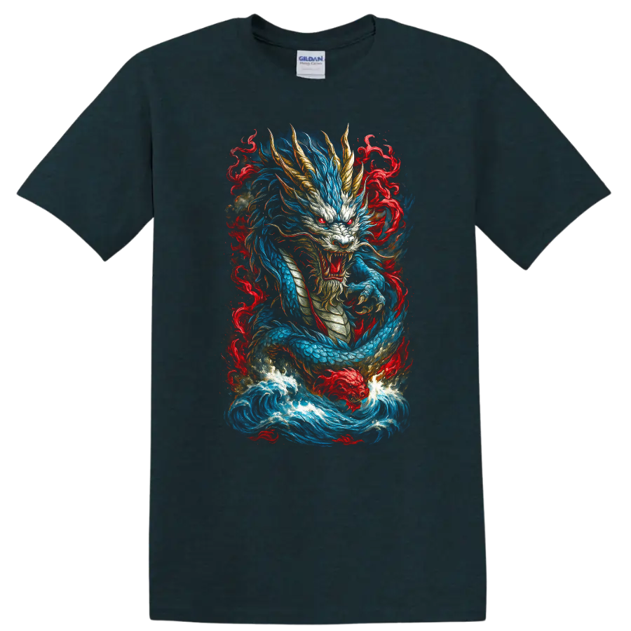 Japanese Dragon Flame Art T Shirt Blue Red Mythical Warrior Design - Midnight (Green)