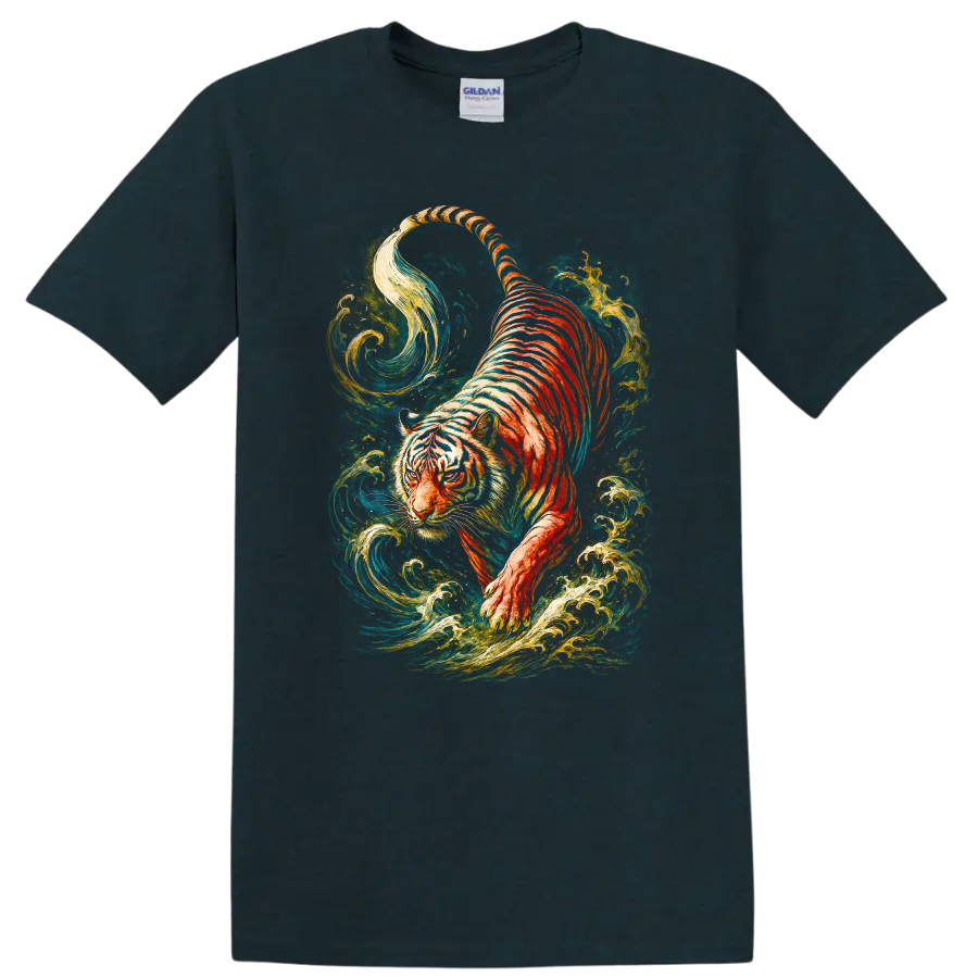Japanese Style Tiger Art T Shirt Colorful Water Swirl Graphic - Midnight (Green)