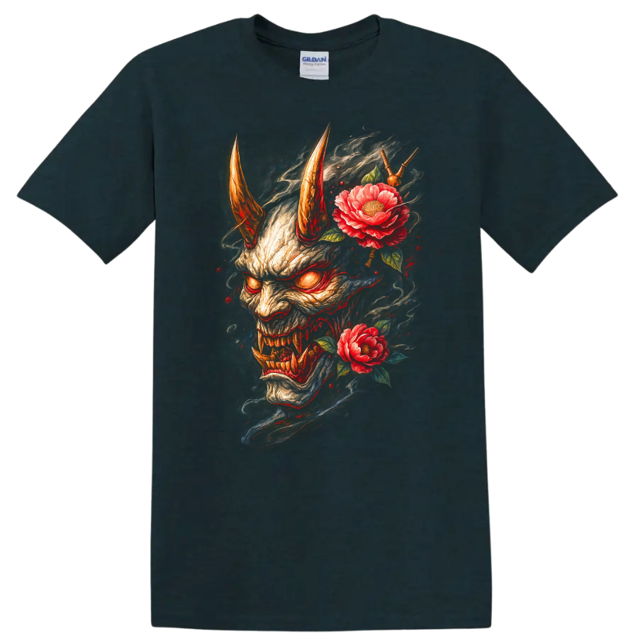 Japanese Oni Demon Mask with Flowers Dark Art T Shirt - Midnight (Green)