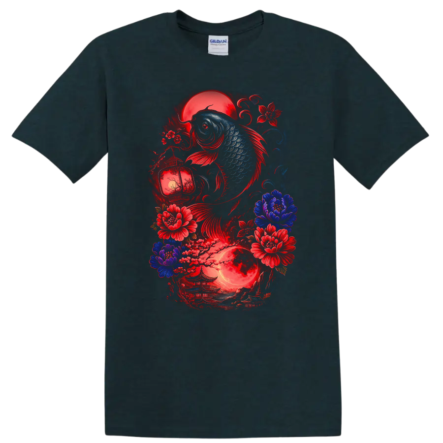 Japanese Koi Fish and Moon Floral Art T Shirt for Zen Aesthetic - Midnight (Green)