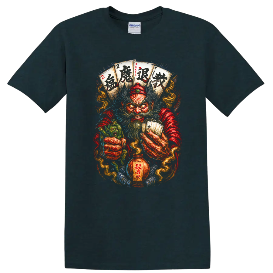 Japanese Oni Joker Card Art T Shirt for Dark Fantasy Streetwear - Midnight (Green)