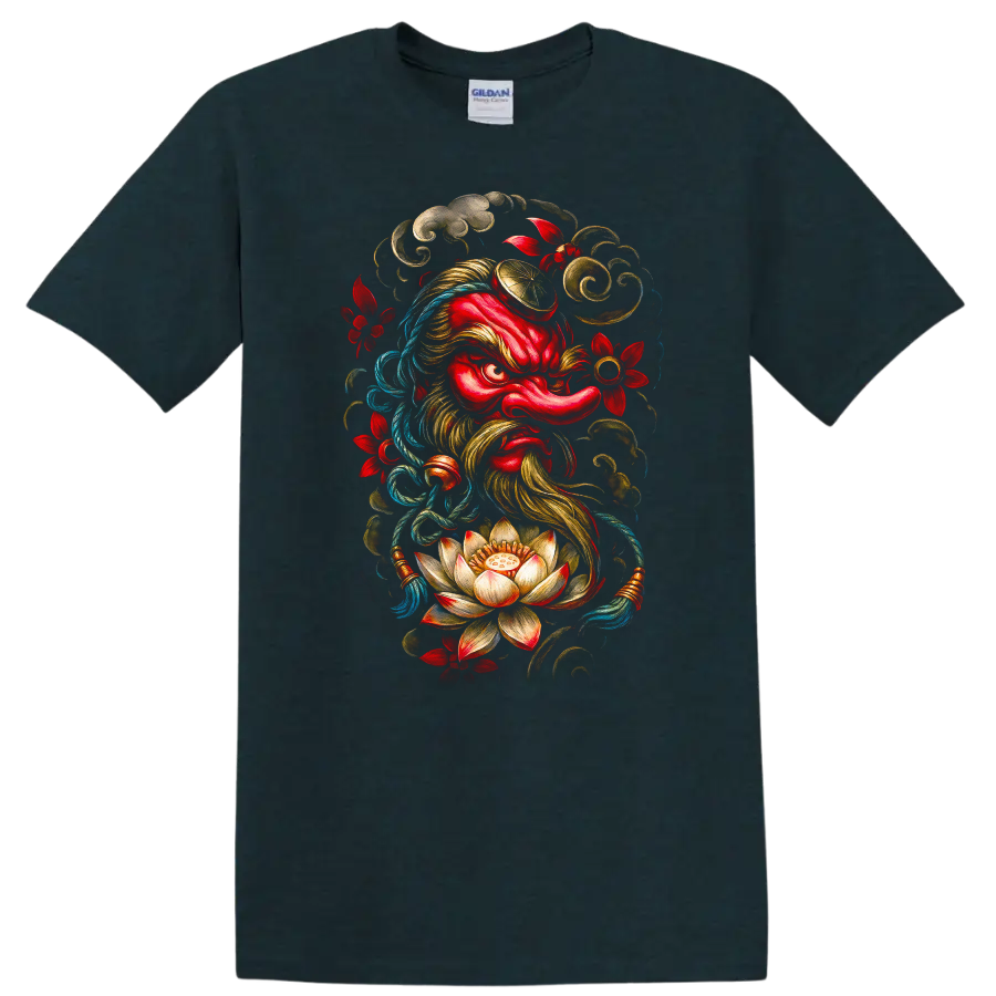 Japanese Oni Samurai Mask Lotus Floral Art T Shirt - Midnight (Green)