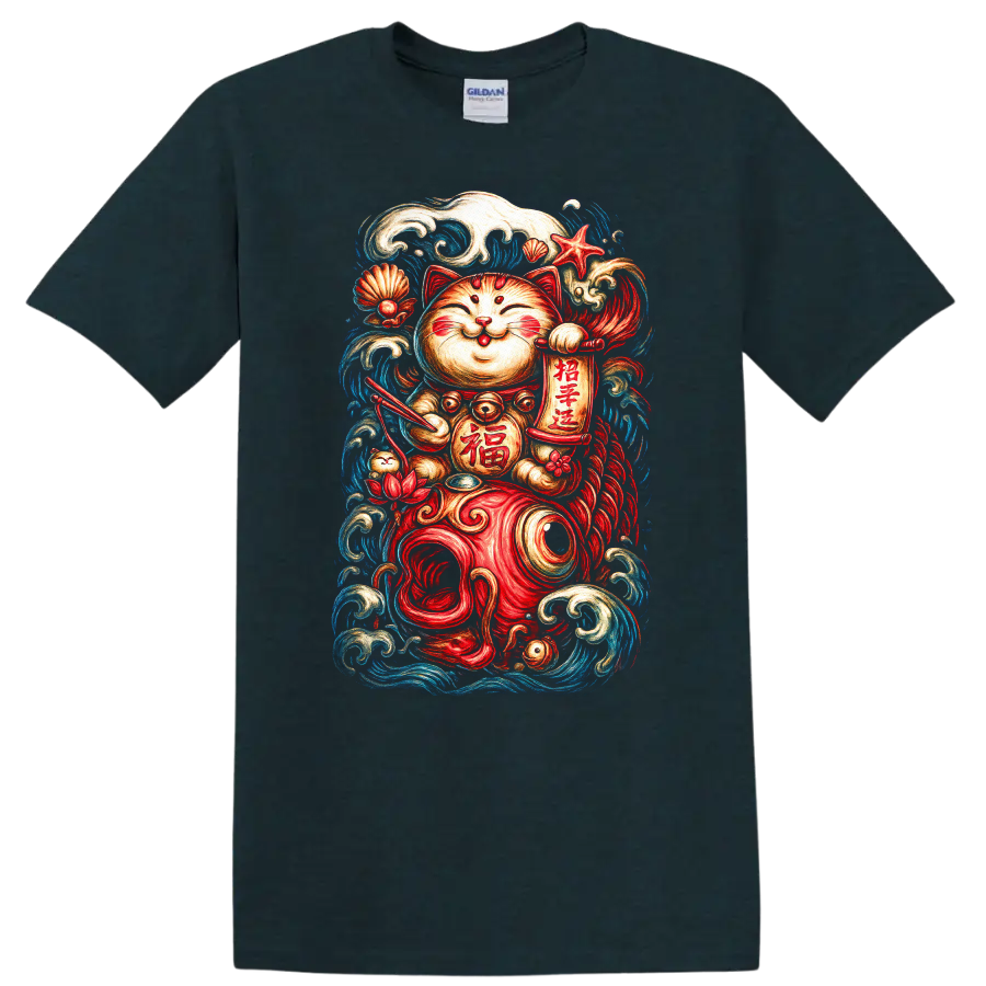 Japanese Lucky Cat Koi Waves Maneki Neko T Shirt - Midnight (Green)