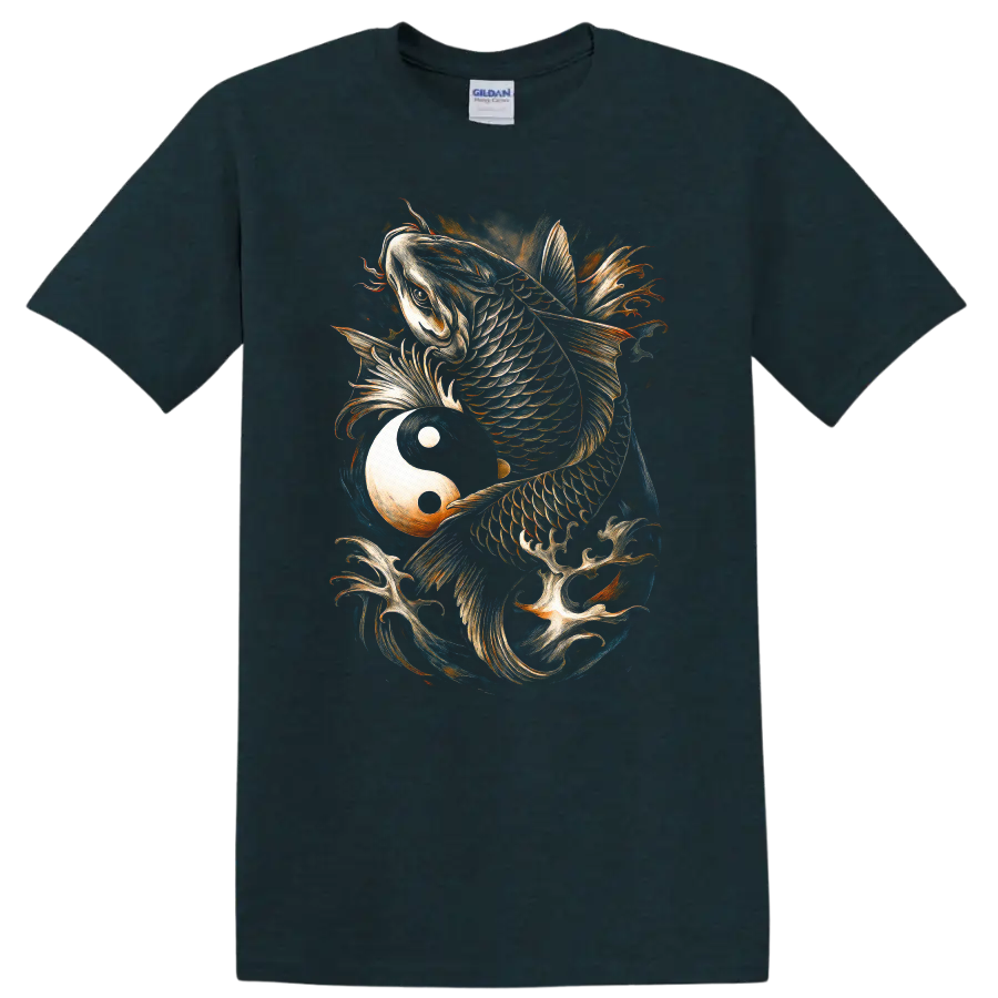 Japanese Koi Fish Yin Yang Art T Shirt for Zen Streetwear - Midnight (Green)