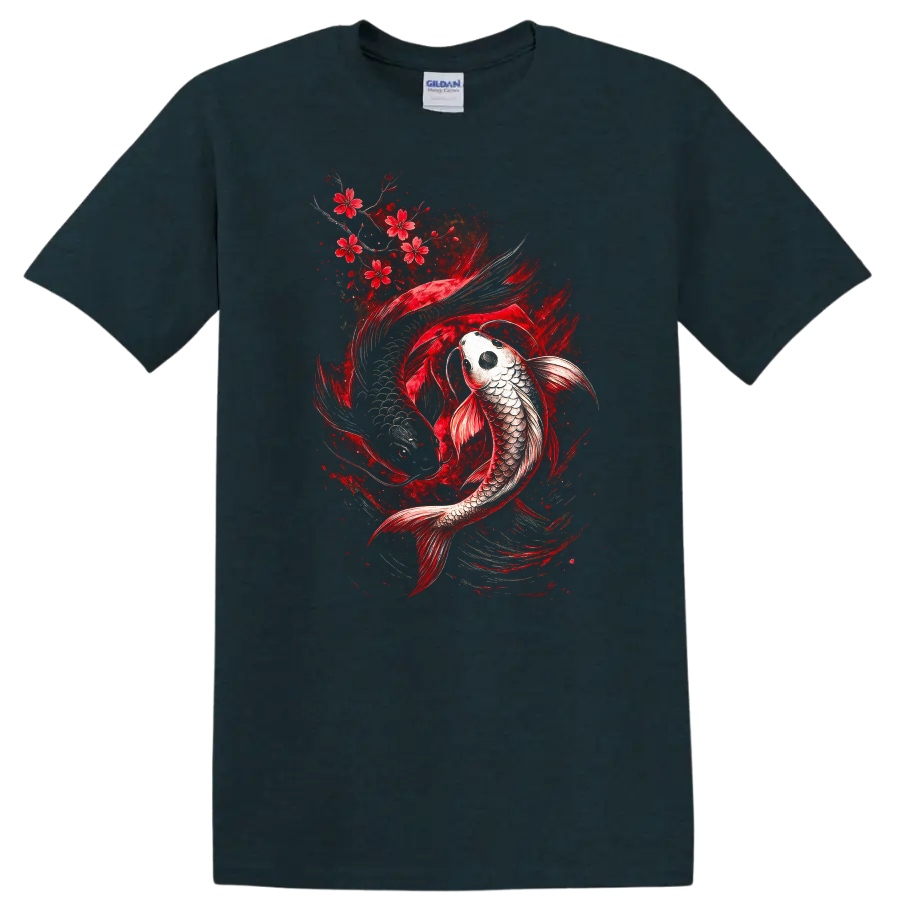 Japanese Koi Fish Red Cherry Blossom Art T Shirt for Men and Women - Midnight (Green)
