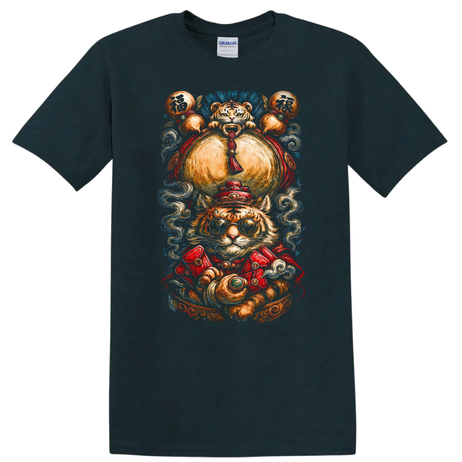 Japanese Style Lucky Tiger T Shirt with Ornate Fox Fire Festival Art - Midnight (Green)