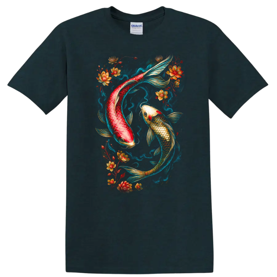 Japanese Style Koi Fish Floral Art T Shirt Vibrant Asian Tattoo Design - Midnight (Green)