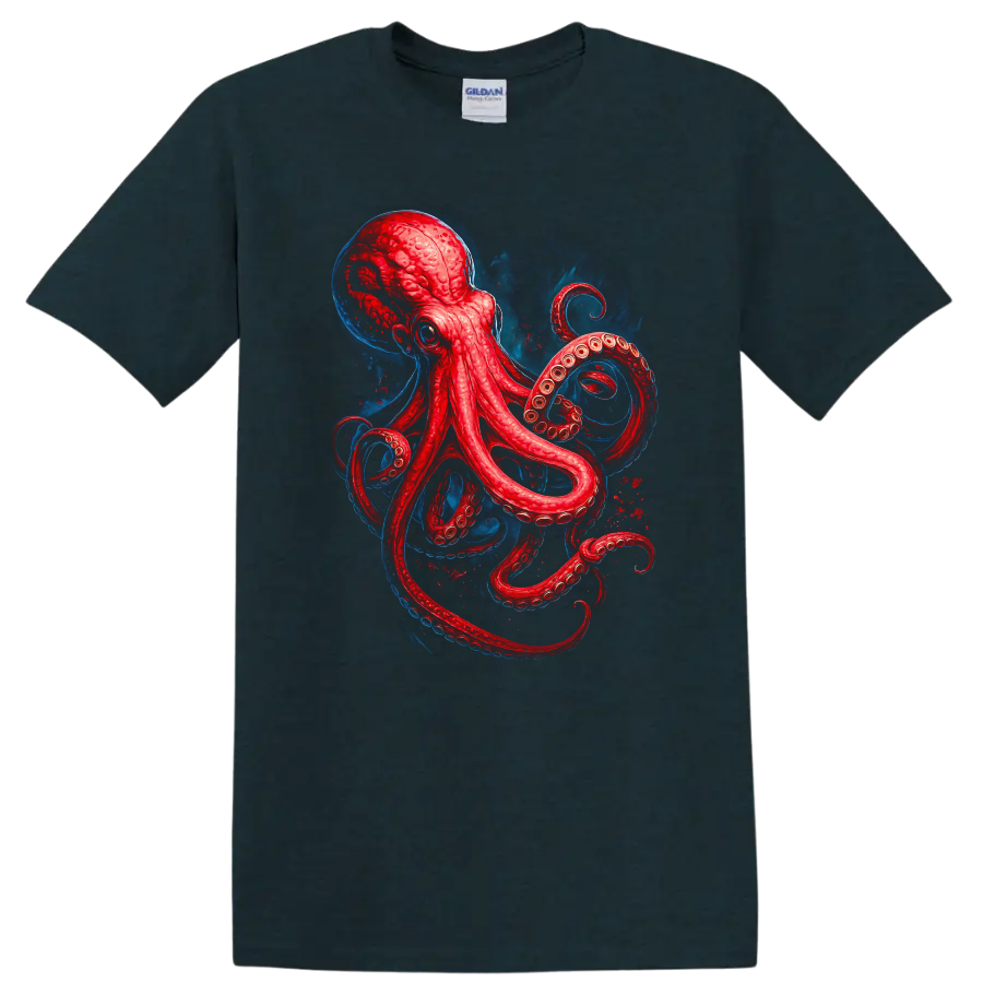 Japanese Style Red Octopus Sea Creature Art T Shirt on a Midnight (Green) T Shirt