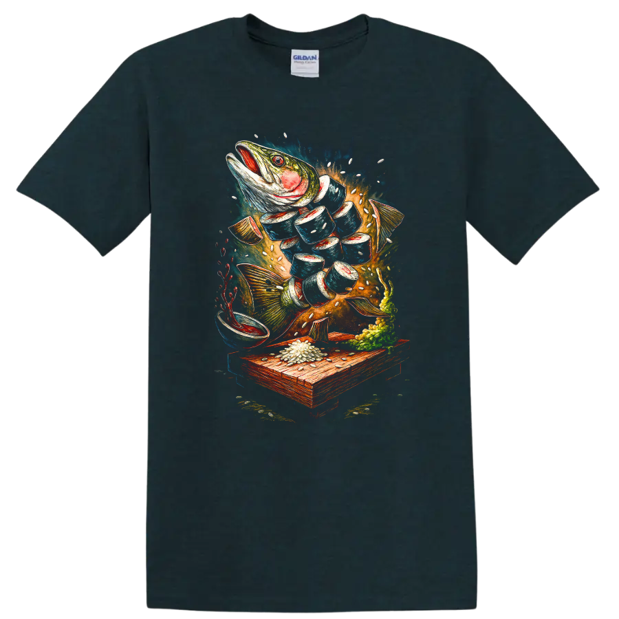 Japanese Style Fish Art T Shirt Vibrant Underwater Catch Design - Midnight (Green)