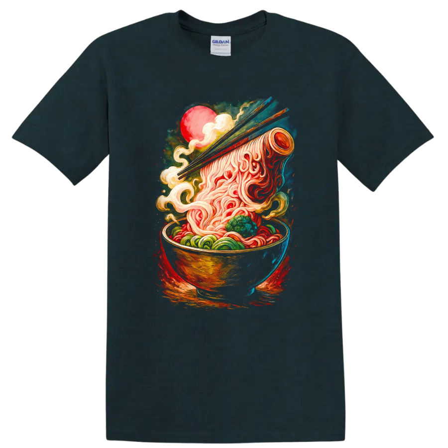Japanese Ramen Bowl Art T Shirt Vibrant Noodle Chopsticks Design - Midnight (Green)