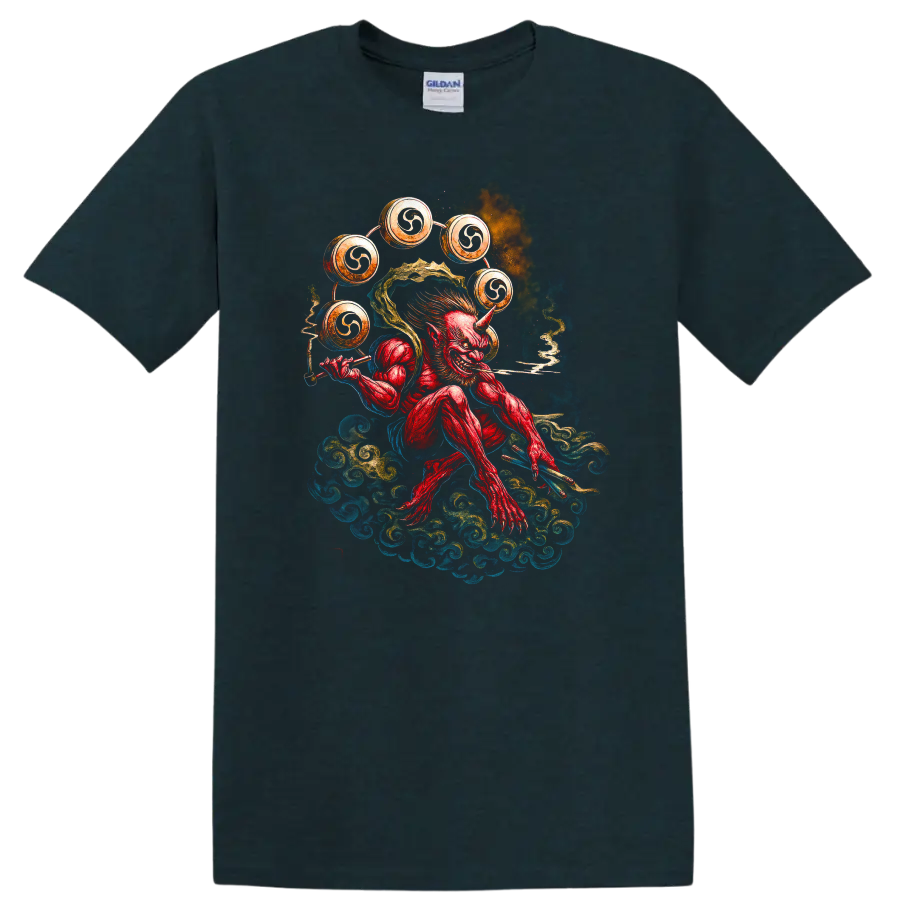 Japanese Oni Demon Drummer T Shirt Watercolor Samurai Style - Midnight (Green)