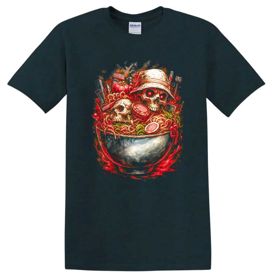 Japanese Style Skull Ramen Bowl Art T Shirt for Streetwear Fans - Midnight (Green)
