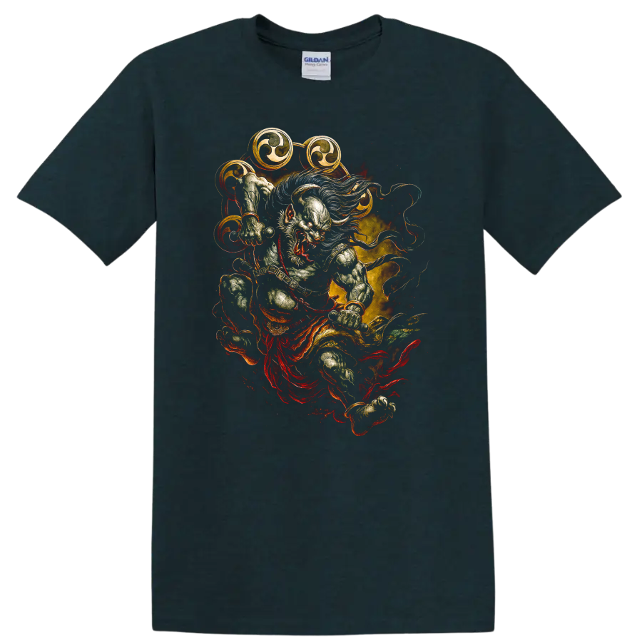 Japanese Style Oni Warrior T Shirt Dramatic Fire Art Graphic - Midnight (Green)