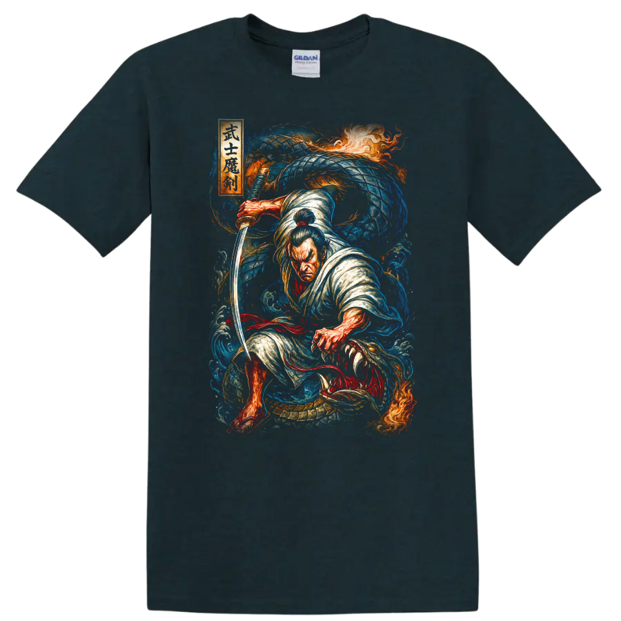 Japanese Samurai Dragon Warrior T Shirt Fierce Katana Art - Midnight (Green)