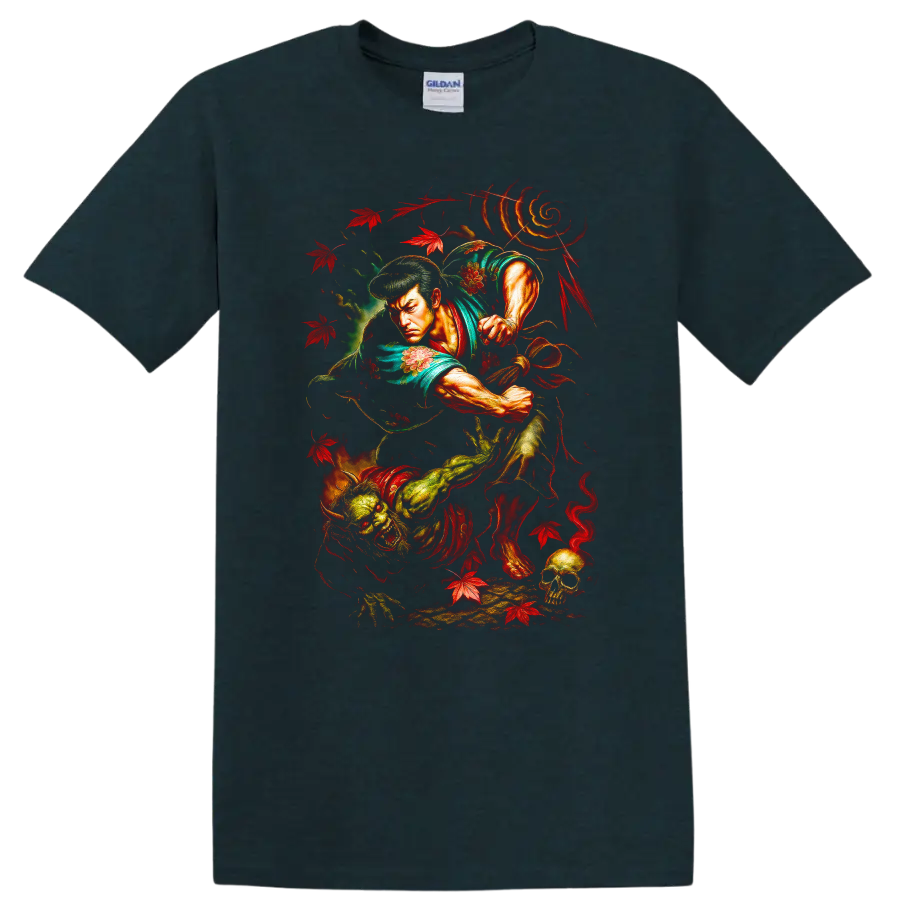 Japanese Samurai Warrior Dragon T Shirt Bold Vintage Anime Style - Midnight (Green)
