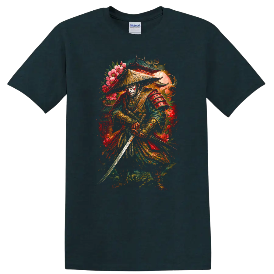 Japanese Samurai Warrior T Shirt with Floral Armor and Katana - Midnight (Green)