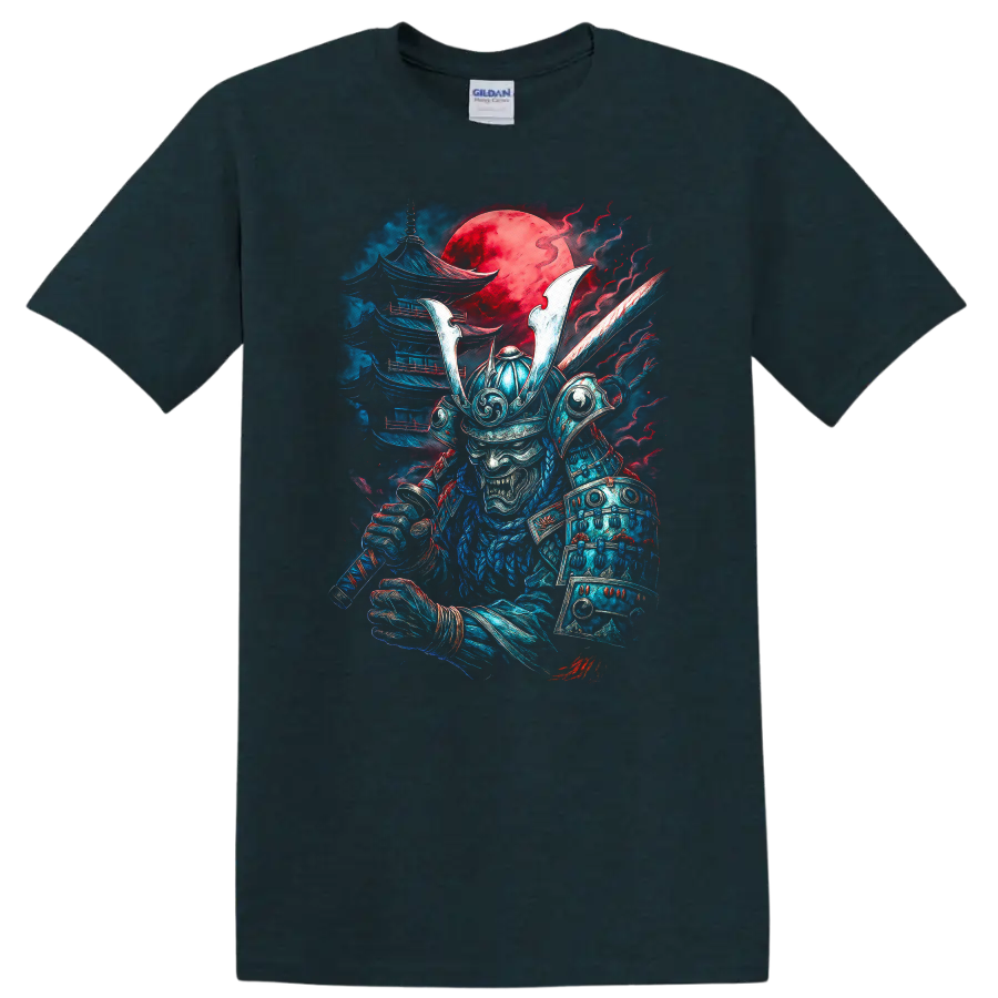 Japanese Samurai Oni Warrior T Shirt with Red Moon Samurai Art - Midnight (Green)