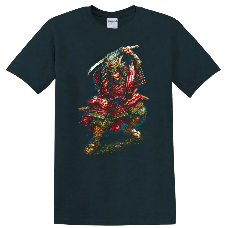 Japanese Samurai Warrior T Shirt Fierce Samurai Sword Art - Midnight (Green)