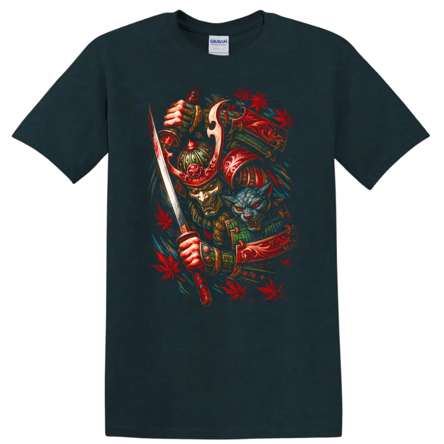 Japanese Samurai Mask T Shirt Red Dragon Warrior Graphic Tee - Midnight (Green)