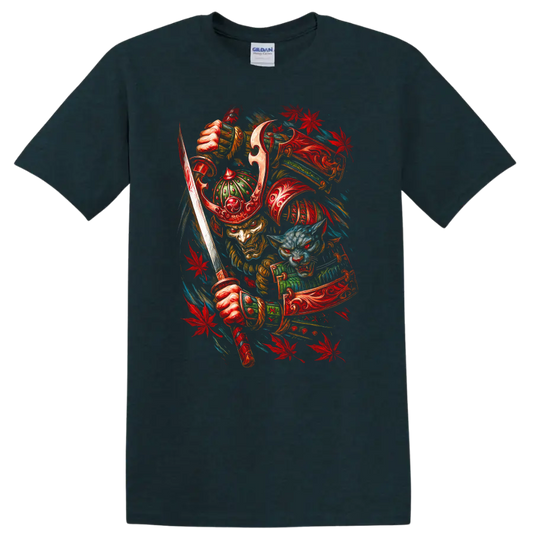 Japanese Samurai Mask T Shirt Red Dragon Warrior Graphic Tee on a Midnight (Green) T Shirt