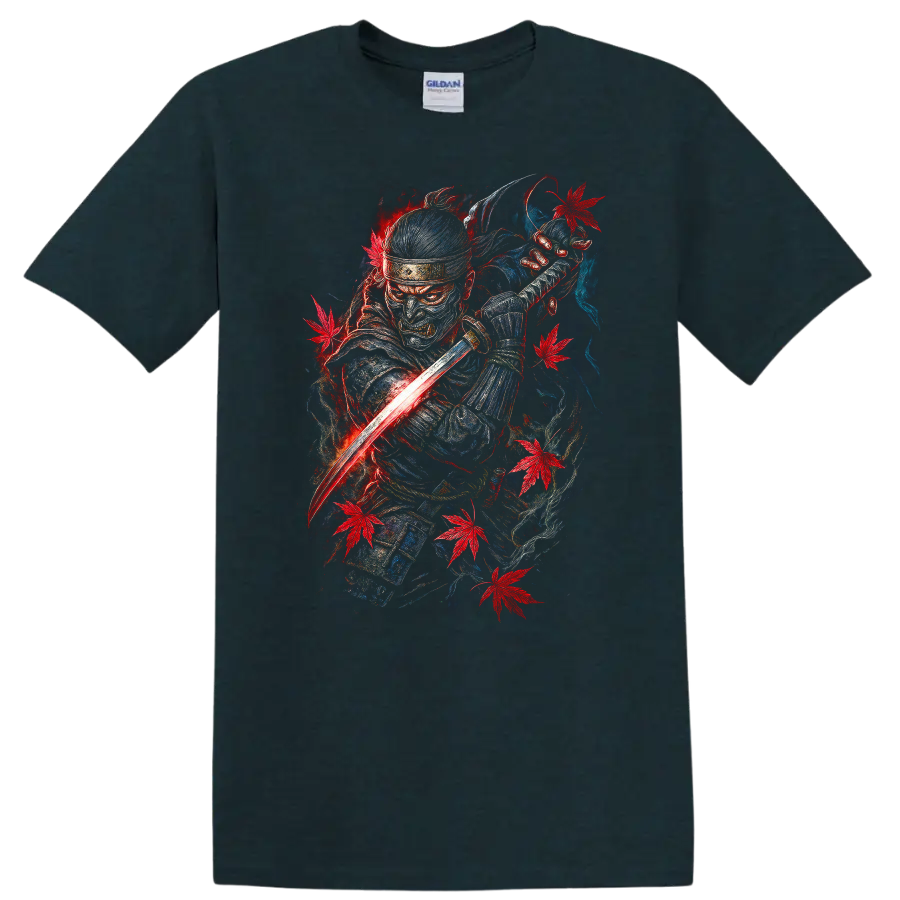 Japanese Samurai Warrior T Shirt Red Blue Maple Leaf Katana Art - Midnight (Green)