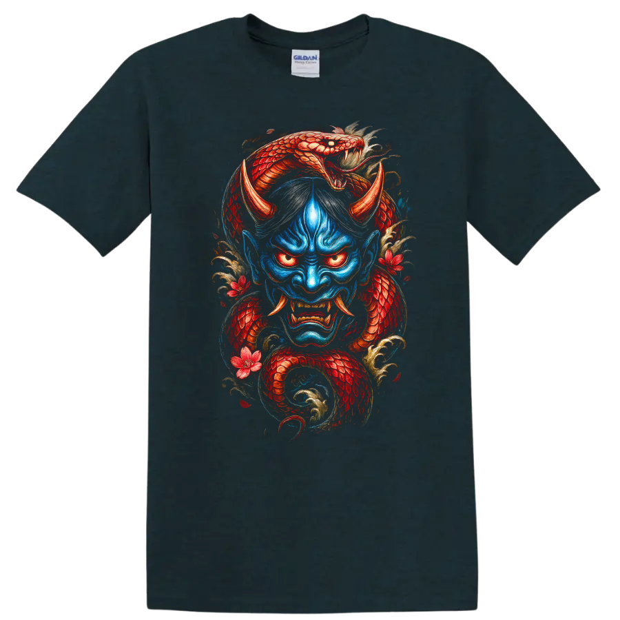 Japanese Demon Dragon Mask Art T Shirt Vintage Samurai Style - Midnight (Green)