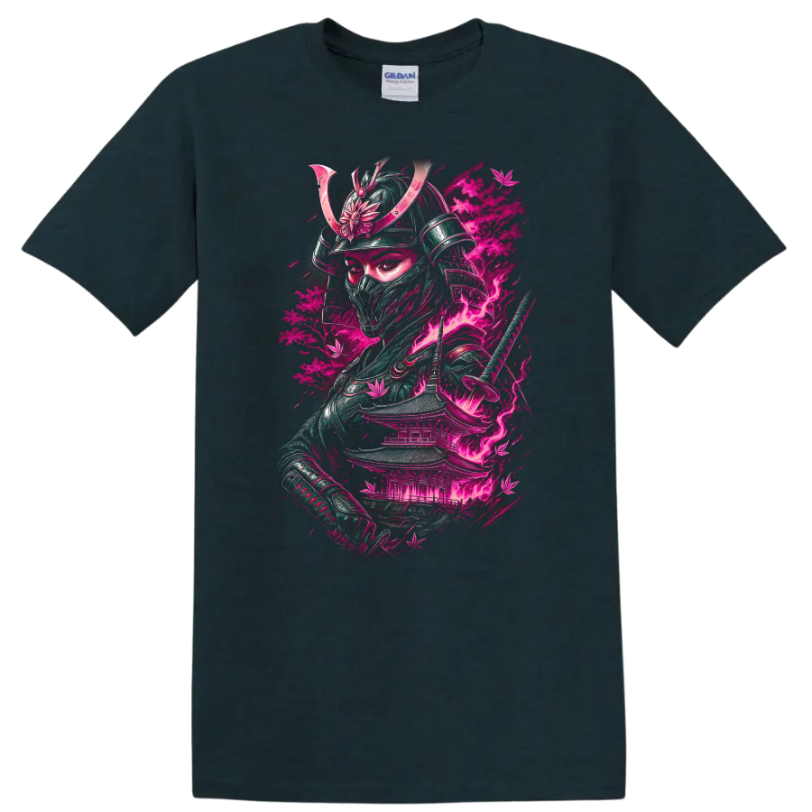 Japanese Samurai Warrior Neon Pink Graphic T Shirt for Bold Streetwear - Midnight (Green)