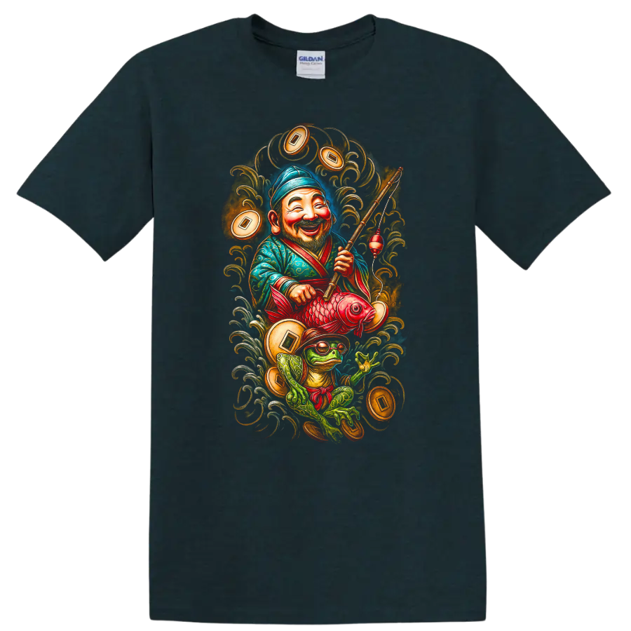 Japanese Style Fisherman and Frog T Shirt with Lucky Koi Art - Midnight (Green)