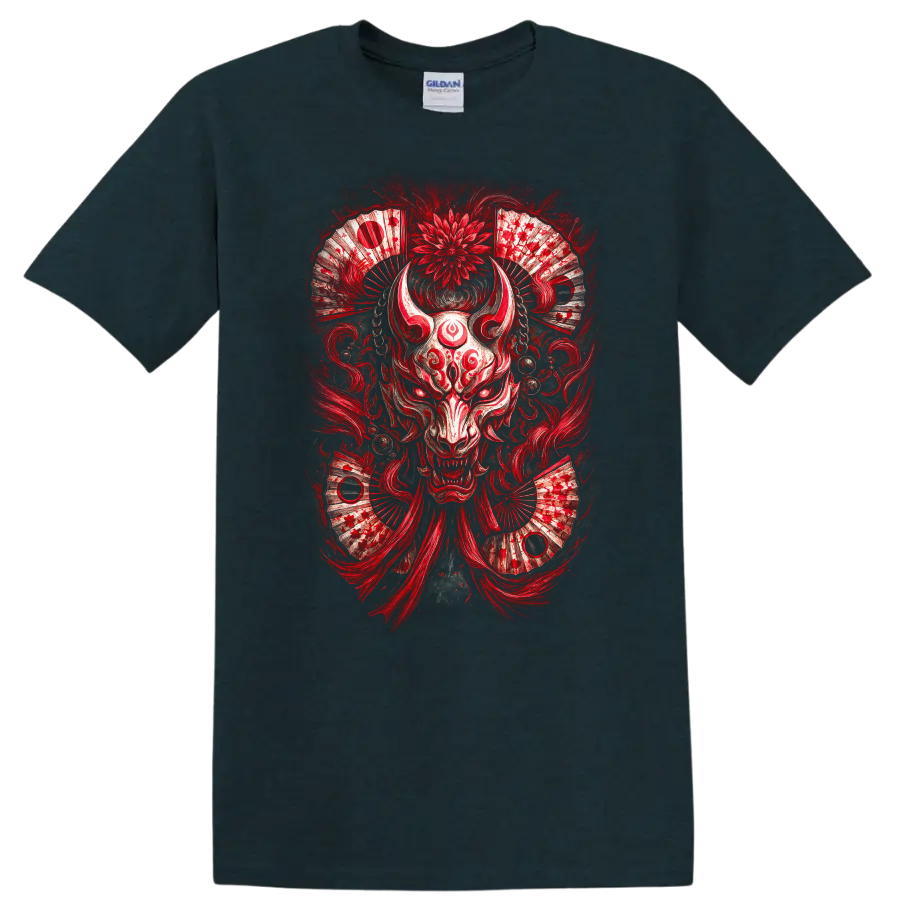 Japanese Oni Mask Red Samurai Demon Art T Shirt on a Midnight (Green) T Shirt