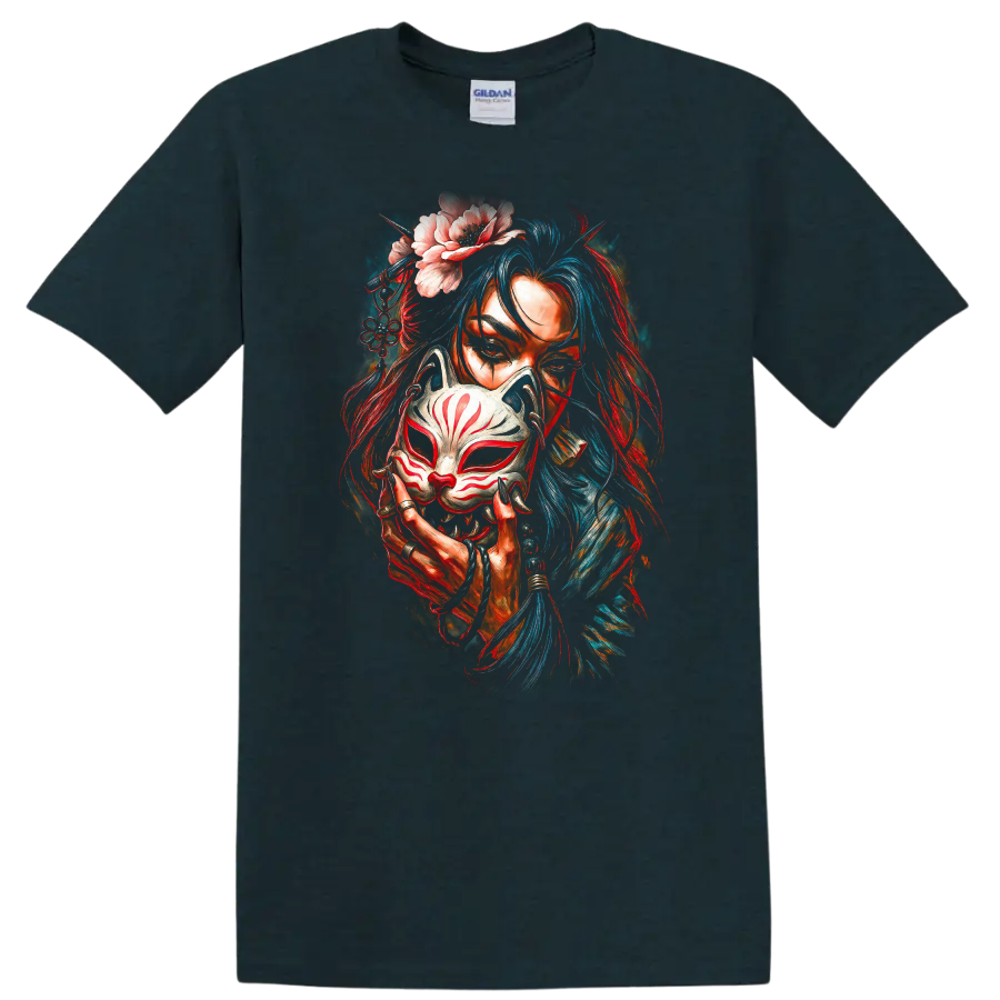 Japanese Style Woman Fox Mask Floral Art T Shirt Colorful Mystic Design - Midnight (Green)