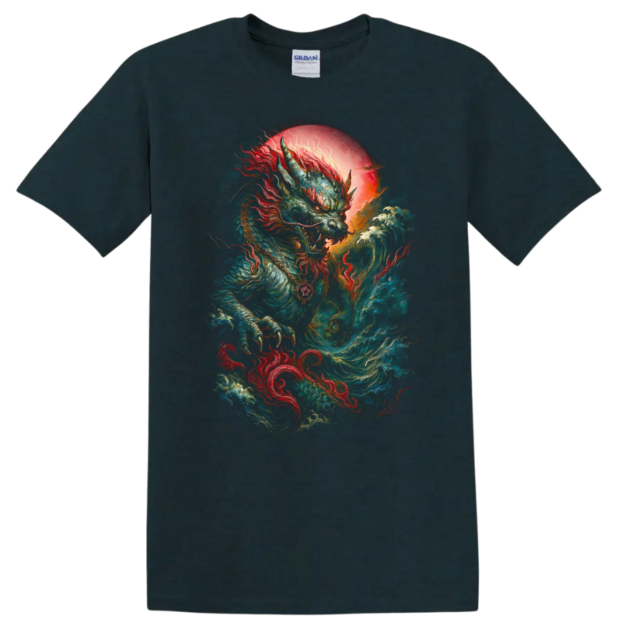 Japanese Dragon Wave Art T Shirt Bold Mythic Samurai Style - Midnight (Green)