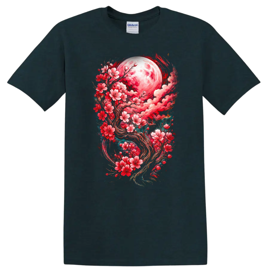 Japanese Style Cherry Blossom Moon T Shirt Floral Fantasy - Midnight (Green)