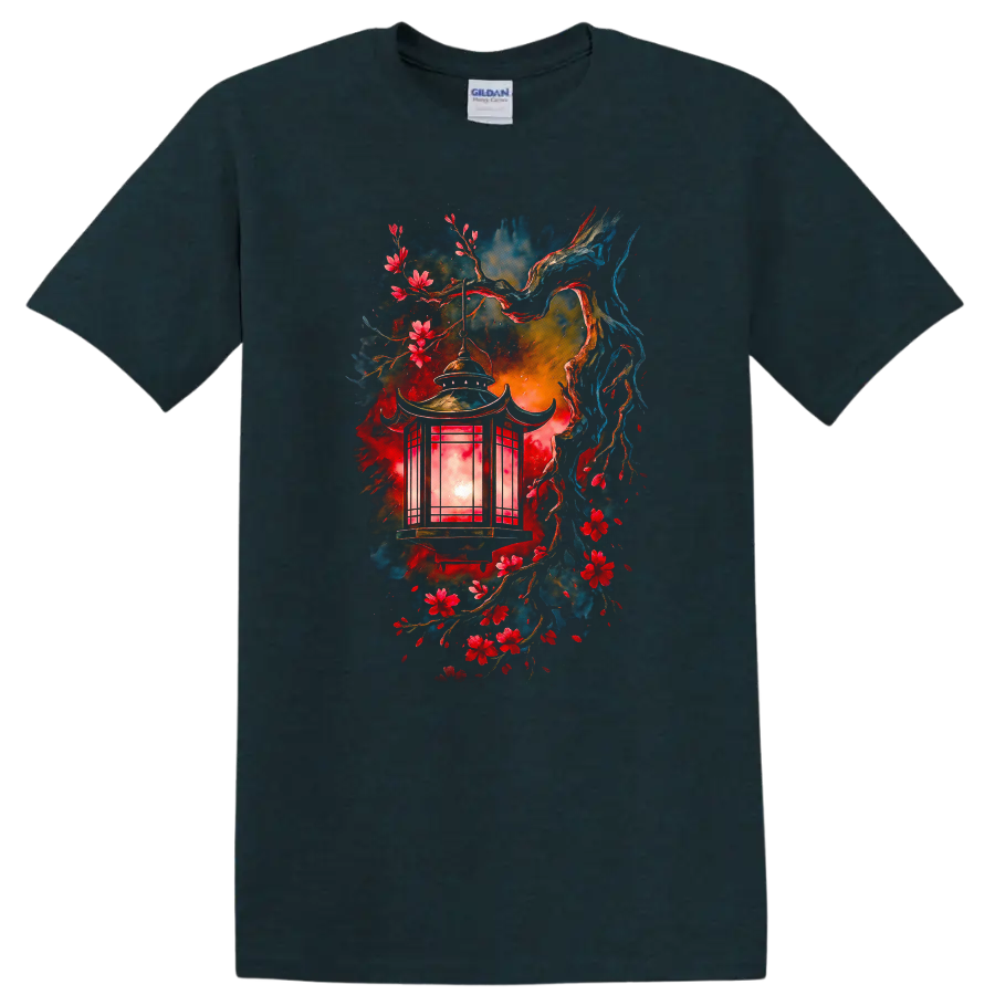 Japanese Style Lantern and Cherry Blossoms Watercolor T Shirt - Midnight (Green)