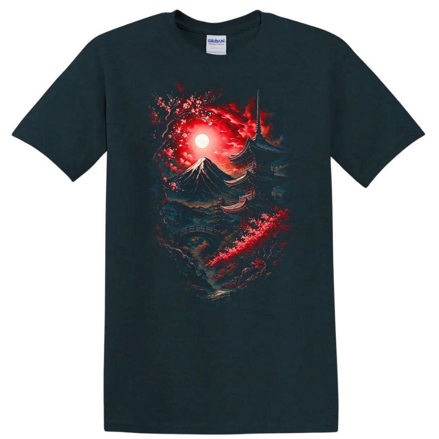 Japanese Style Mount Fuji and Pagoda Art T Shirt for Nature Lovers - Midnight (Green)