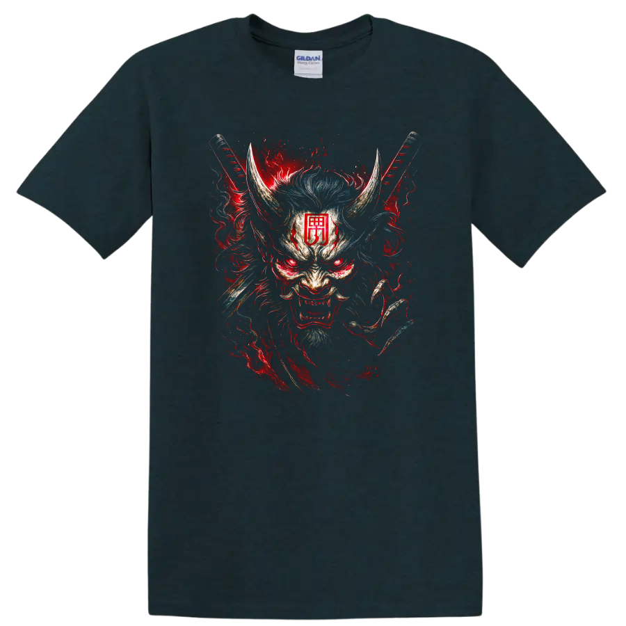 Japanese Oni Mask Samurai Dragon Art T Shirt for Men and Women - Midnight (Green)