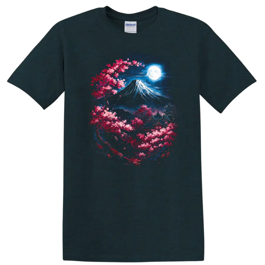 Japanese Style Mount Fuji Sakura Moon Night T Shirt - Midnight (Green)