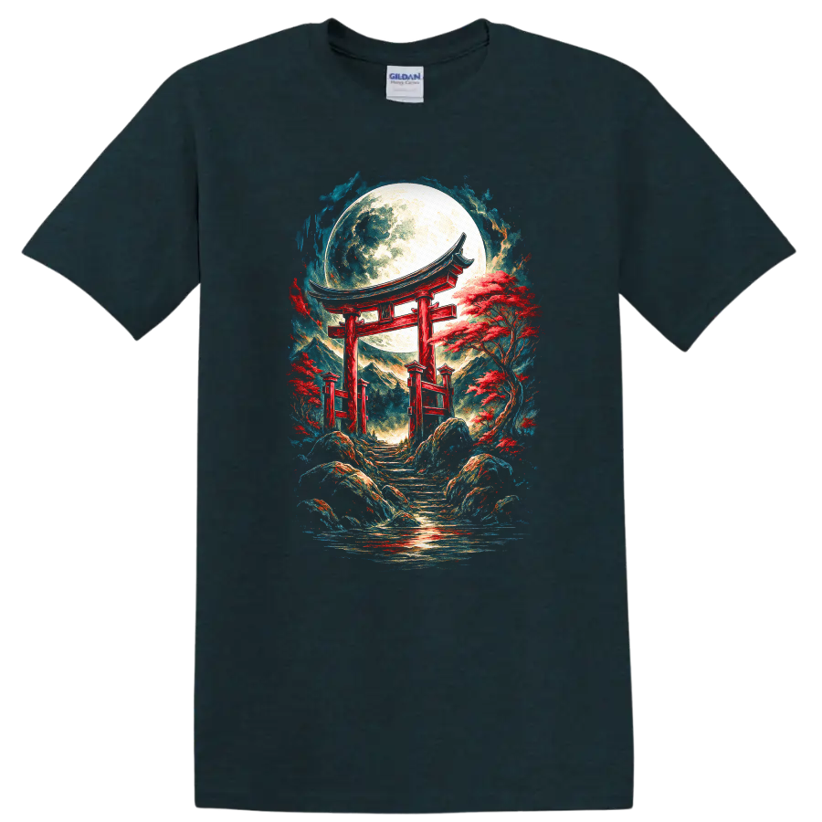 Japanese Torii Moon T Shirt Red Temple Garden Art Tee - Midnight (Green)