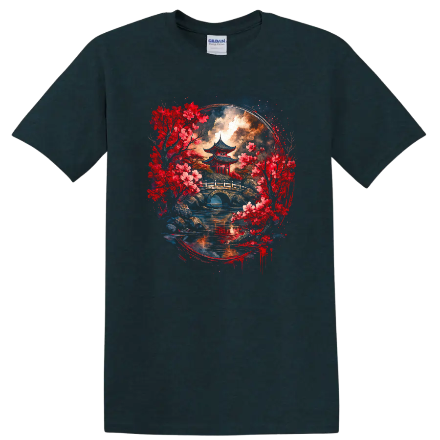 Japanese Pagoda Cherry Blossom Landscape T Shirt for Zen Art Lovers - Midnight (Green)