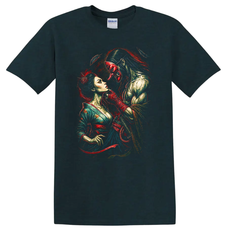 Japanese Style Samurai Woman and Shogun Mask Art T Shirt - Midnight (Green)