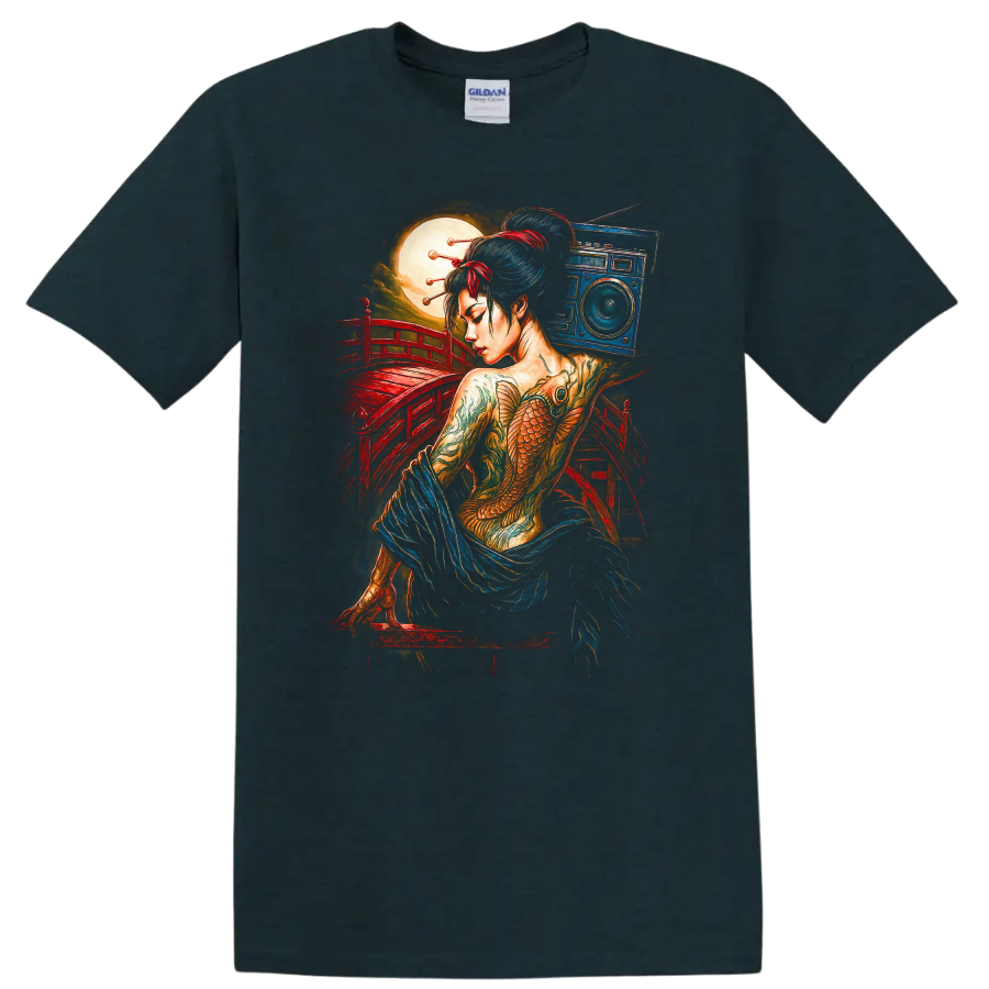 Japanese Geisha Fish Tattoo Art T Shirt with Red Bridge and Moon - Midnight (Green)