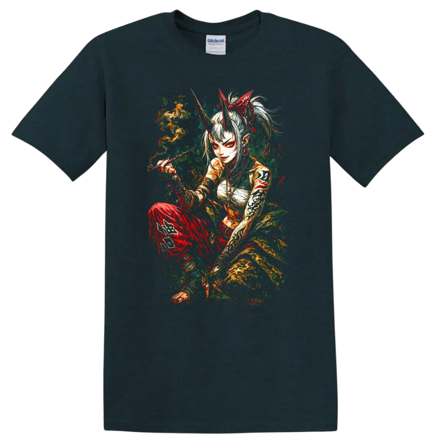 Japanese Oni Demon Girl Samurai Art T Shirt for Anime Style Fans - Midnight (Green)