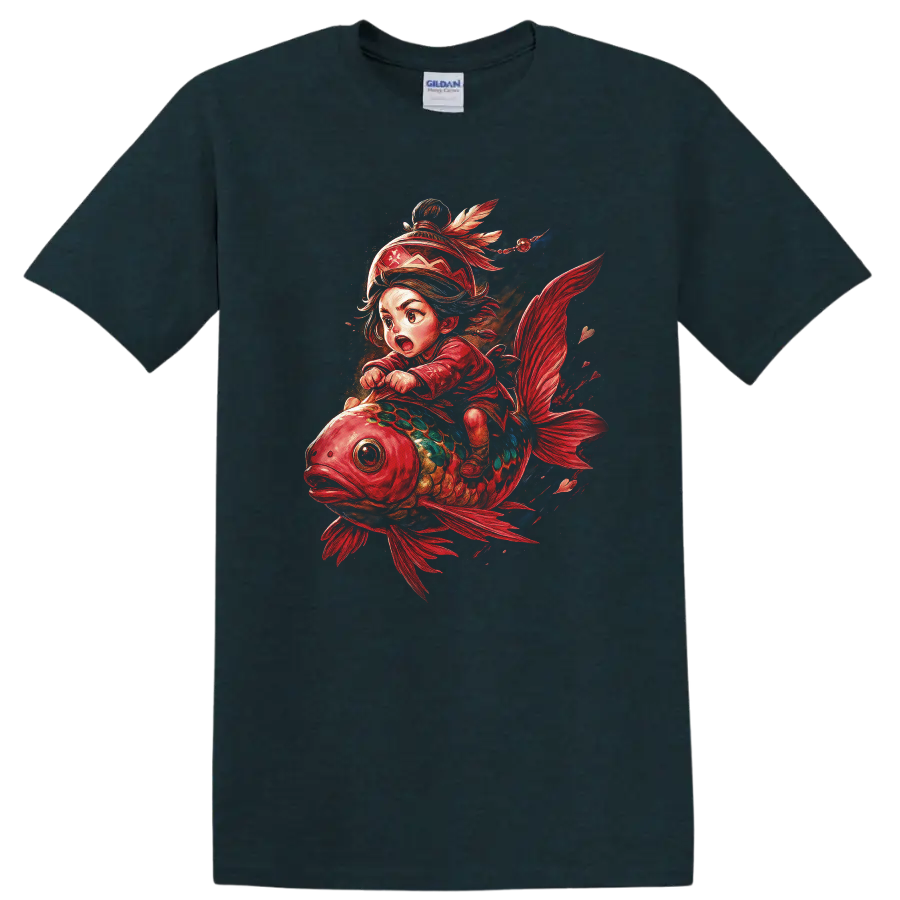 Japanese Style Koi Fish Rider Fantasy Art T Shirt - Midnight (Green)