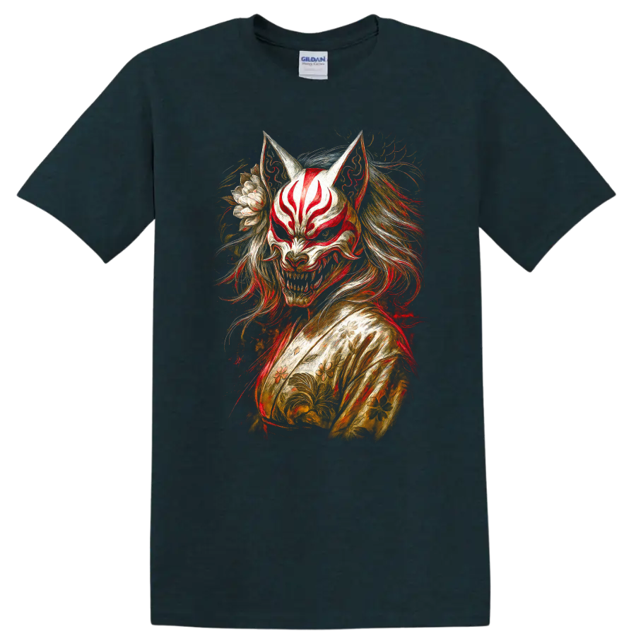 Japanese Fox Mask Oni Style T Shirt with Floral Samurai Art - Midnight (Green)