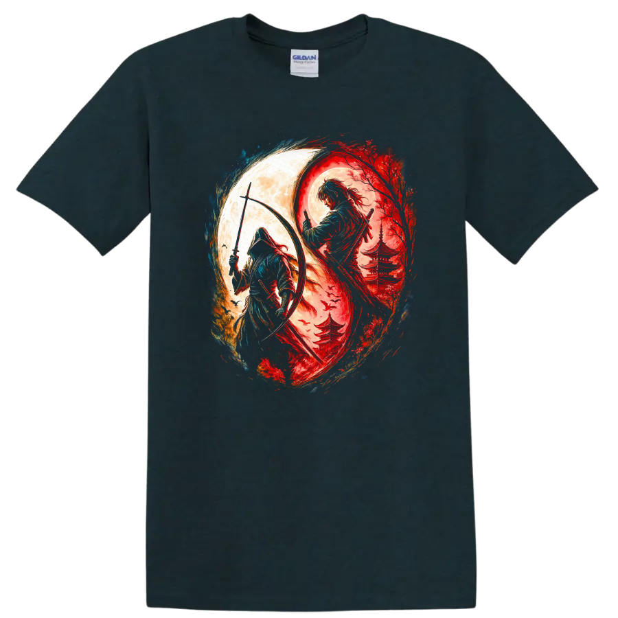 Japanese Samurai Yin Yang Warrior Art T Shirt for Zen Street Style - Midnight (Green)