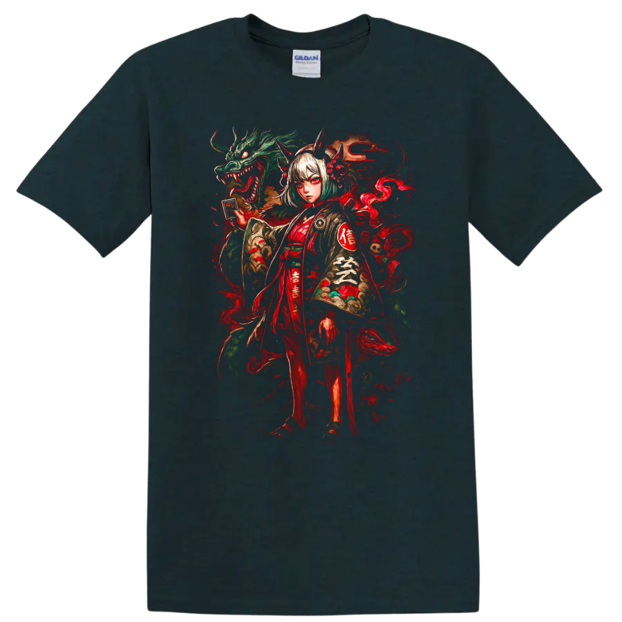 Japanese Style Demon Girl and Dragon Art T Shirt - Midnight (Green)