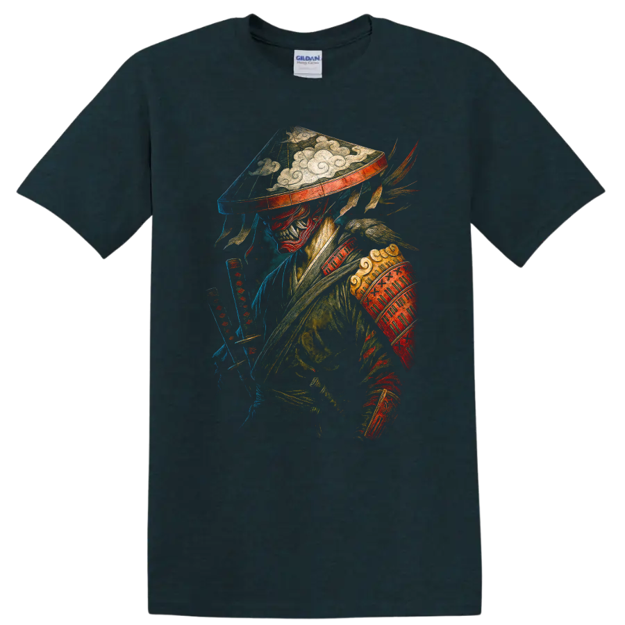Japanese Style Warrior Mask T Shirt Colorful Fantasy Art - Midnight (Green)