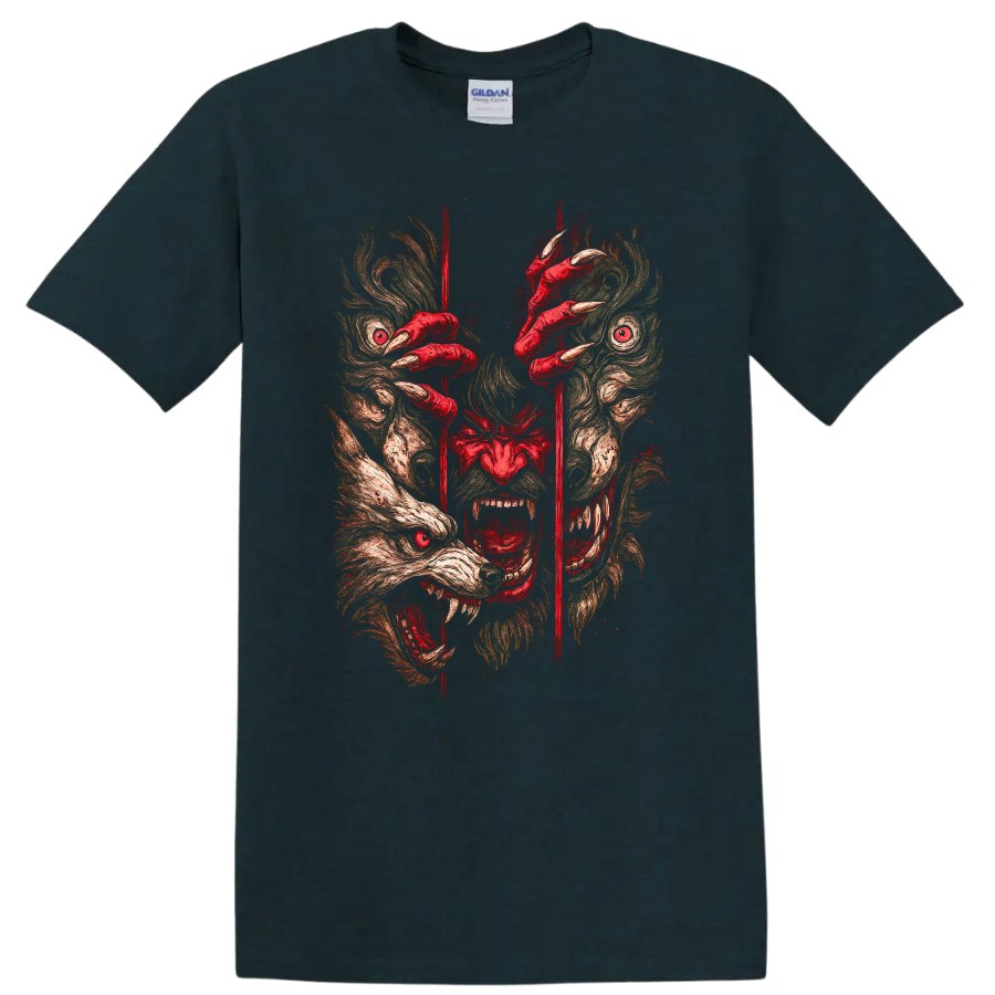 Japanese Oni Mask Graphic T Shirt with Red Claws and Fierce Demon Art - Midnight (Green)