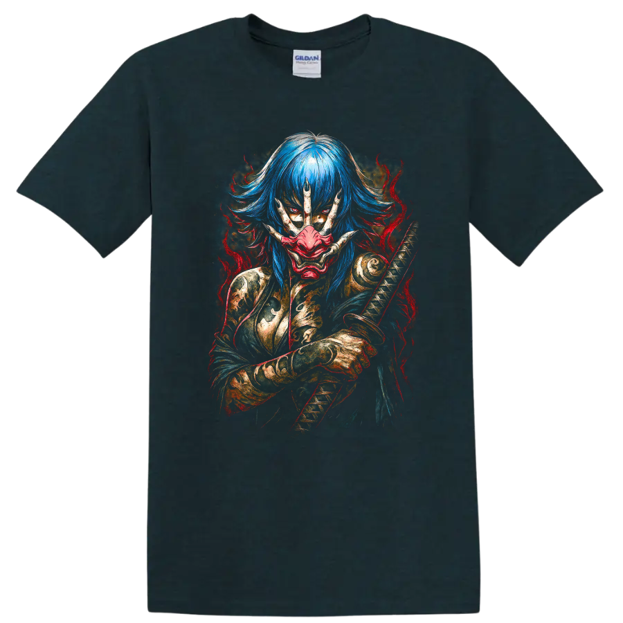 Japanese Style Oni Mask Blue Hair Samurai T Shirt Dark Fantasy Art - Midnight (Green)