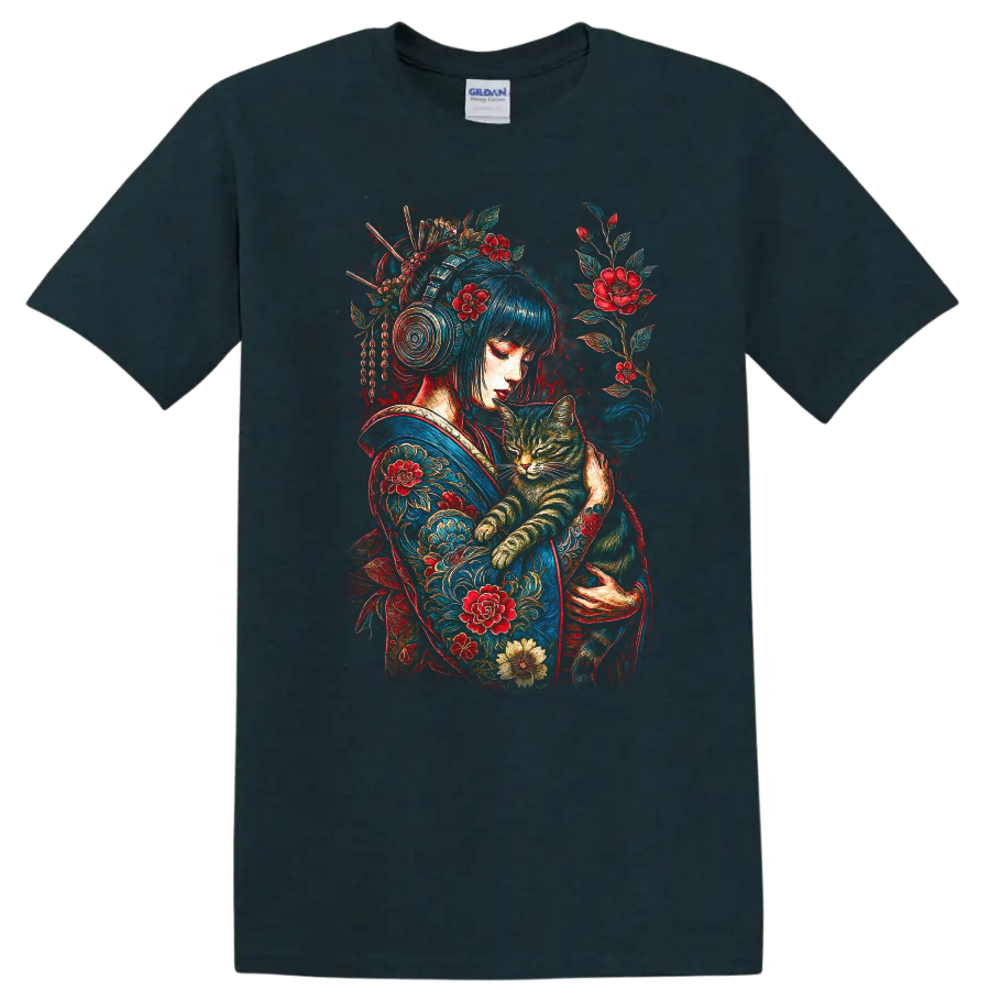 Japanese Style Woman With Cat Floral Art T Shirt - Midnight (Green)